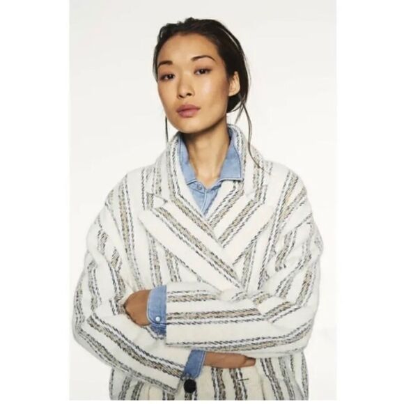 NWT Ba&Sh Fillie Alpaca Wool Grey White Pea Coat Blend Striped Size M - Picture 3 of 16